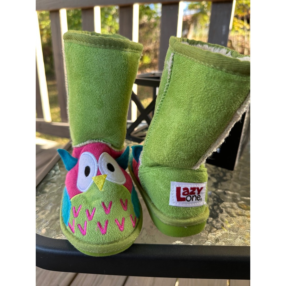 Lazy One Kids Green Owl Boot Slippers Size M (10-12) Plush Fuzzy‎ Lined Boots